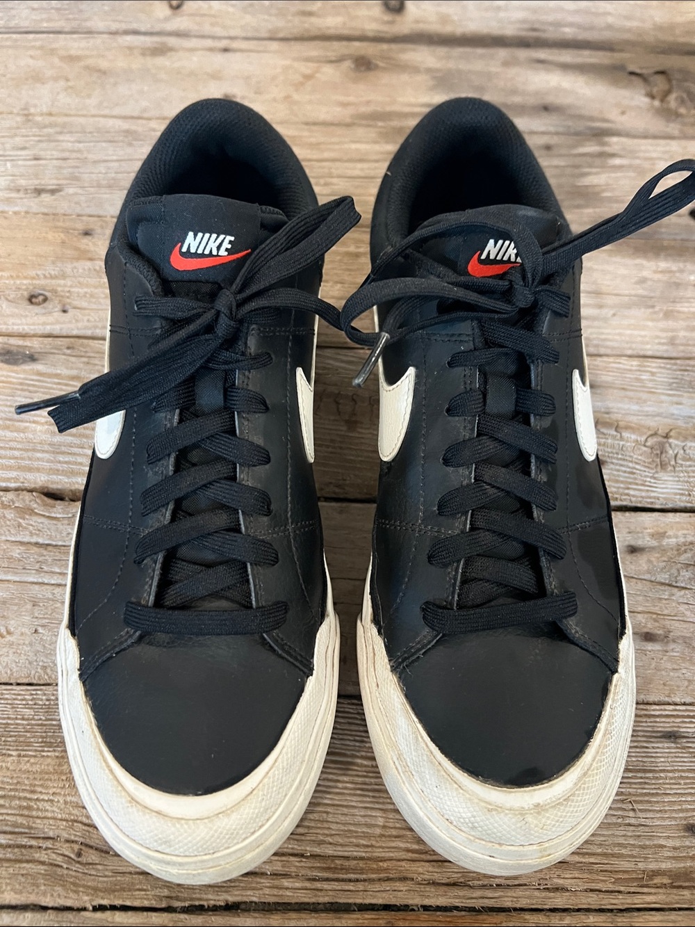 Womens’s Nike Court Legacy Lift Black Sneakers with White Swoosh and Red Logo